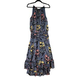 Ramy Brook 100% Silk Blue Floral Midi Dress Halter Tie Tassel Top Designer Dress
